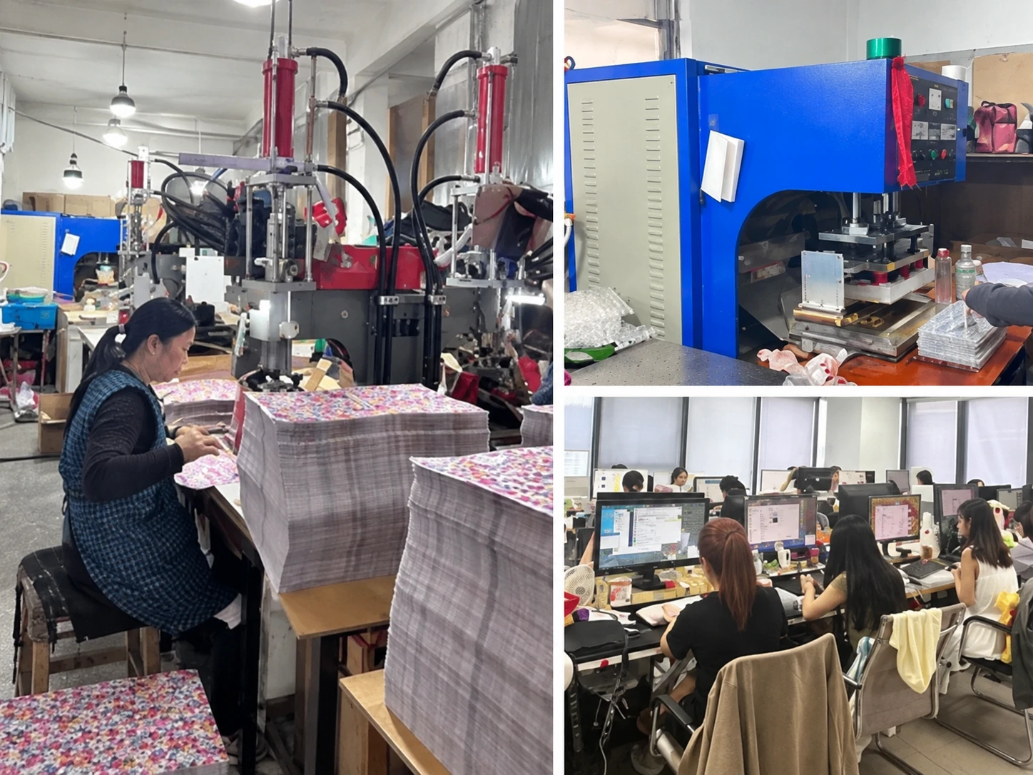Production workers, processing equipment and an office team shown in a three-photo collage